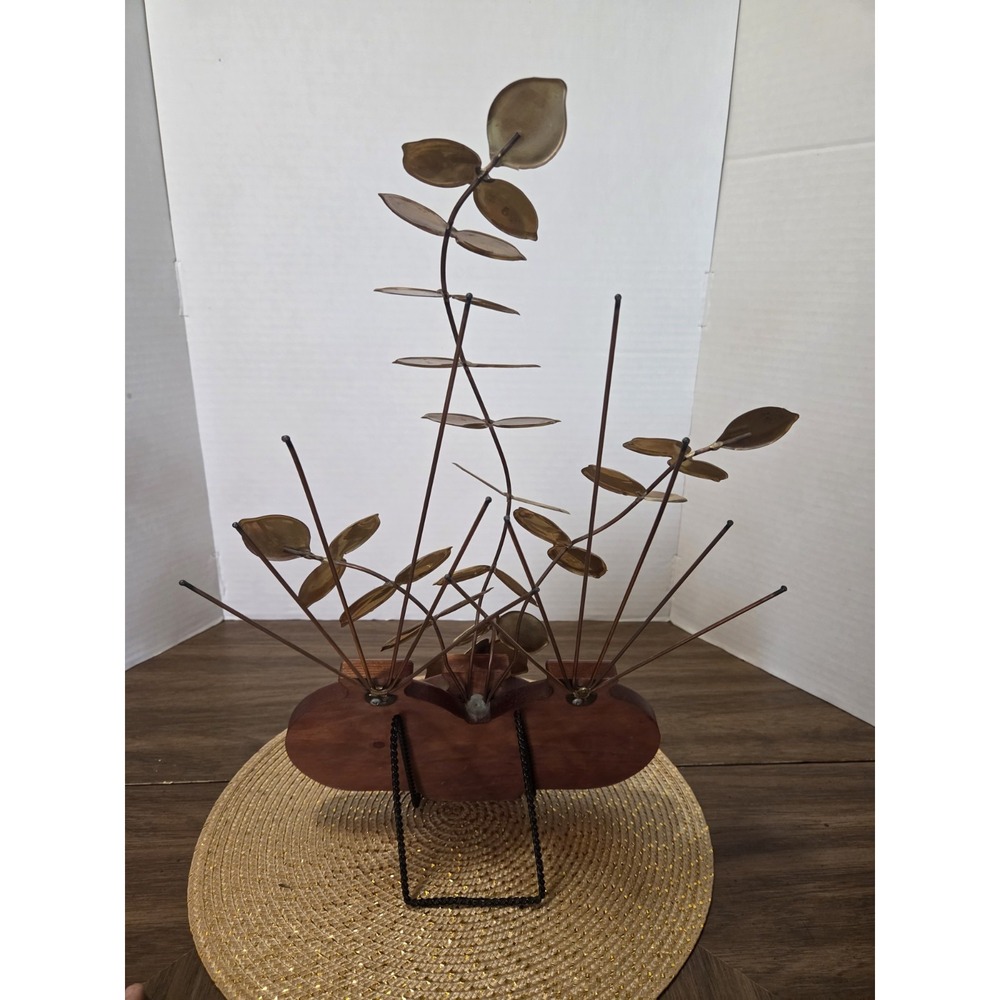 Vintage HOMCO Retro Brass Eucalyptus Leaves Sculpture Hopi Wood Planter - Picture 6 of 9